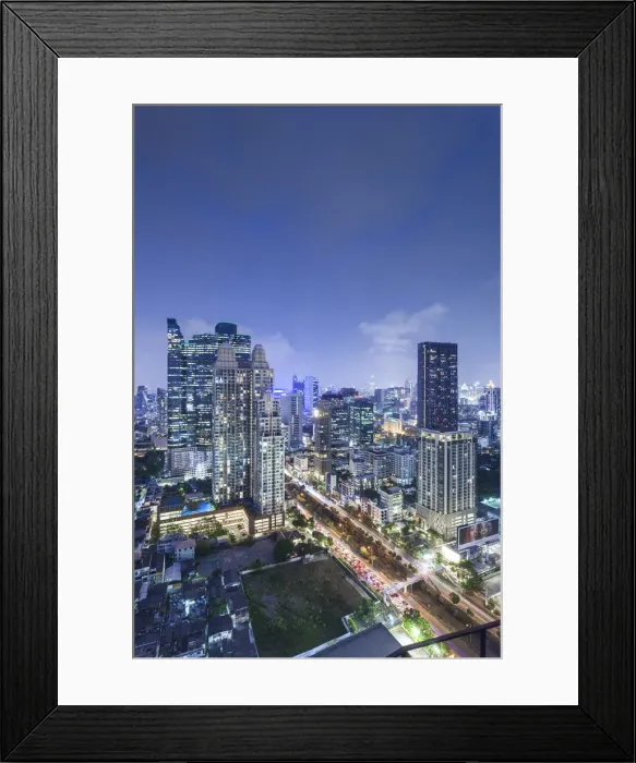 Framed Print : Thailand, Bangkok, Silom Area, high angle skyline view, dusk Framed Print : Thailand, Bangkok, Silom Area, high angle skyline view, dusk