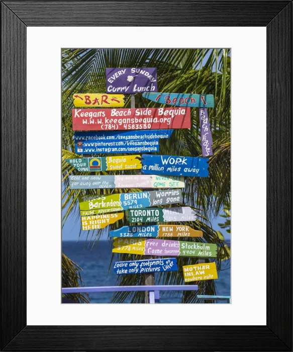 Framed Print : St Vincent and The Grenadines, Bequia, Sign posts at Lower Bay Framed Print : St Vincent and The Grenadines, Bequia, Sign posts at Lower Bay