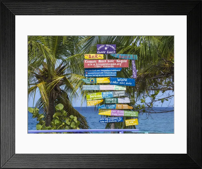 Framed Print : St Vincent and The Grenadines, Bequia, Sign posts at Lower Bay Framed Print : St Vincent and The Grenadines, Bequia, Sign posts at Lower Bay