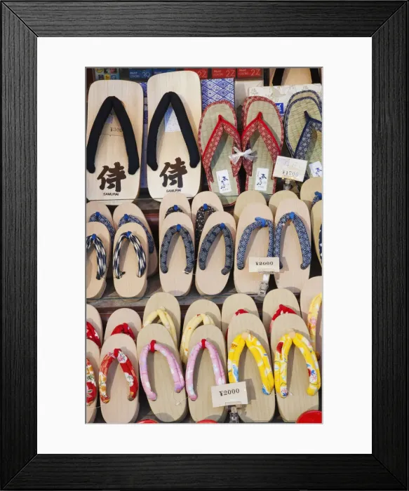 Framed Print : Japan, Kyoto, Higashiyama, Shop display of Traditional Japanese Sandals or Geta Framed Print : Japan, Kyoto, Higashiyama, Shop display of Traditional Japanese Sandals or Geta