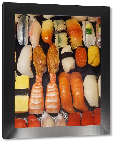 Japan, Tokyo, Restaurant Window Display of Plastic Sushi