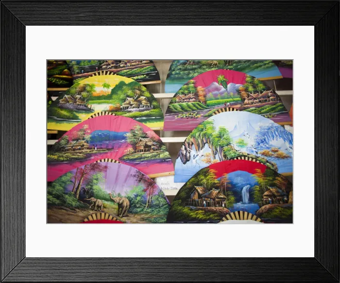 Framed Print : Thailand, Chiang Mai, Borsang Handicraft Village, Colourful Souvenir Fans Framed Print : Thailand, Chiang Mai, Borsang Handicraft Village, Colourful Souvenir Fans