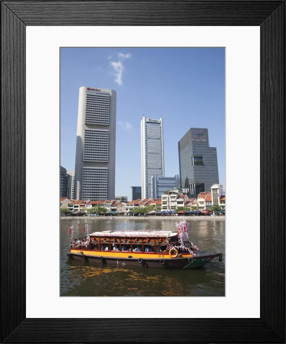 Framed Print : Singapore, Tour Boats on Singapore River and City Skyline Framed Print : Singapore, Tour Boats on Singapore River and City Skyline