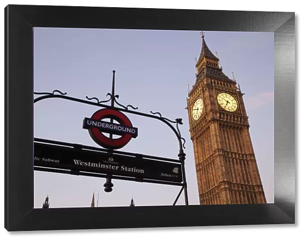 England, London, Palace of Westminster, Big Ben and Underground Sign