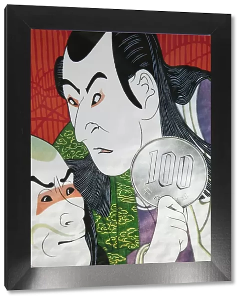 Japan, Tokyo, Lottery Billboard depicting Ukiyo-e Characters Holding Modern One Hundred
