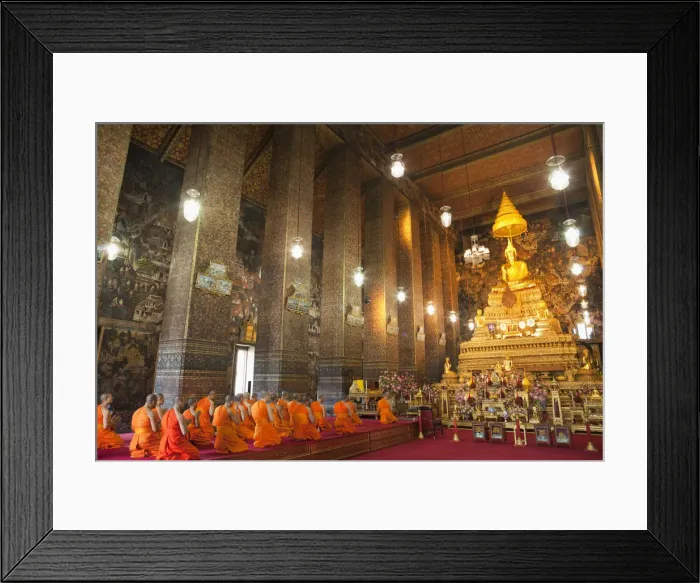 Framed Print : Thailand, Bangkok, Wat Pho, Monks Preying in the Main Chapel