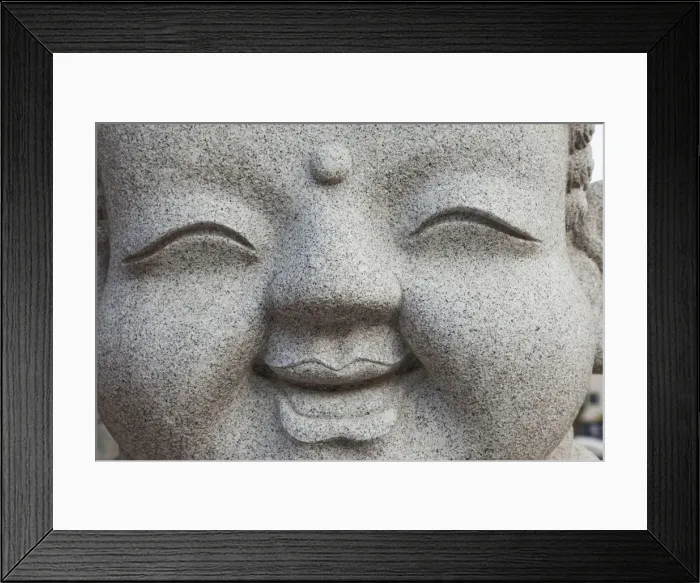 Framed Print : South Korea, Seoul, Jogyesa Temple, Facial Detail of Stone Buddha Carving