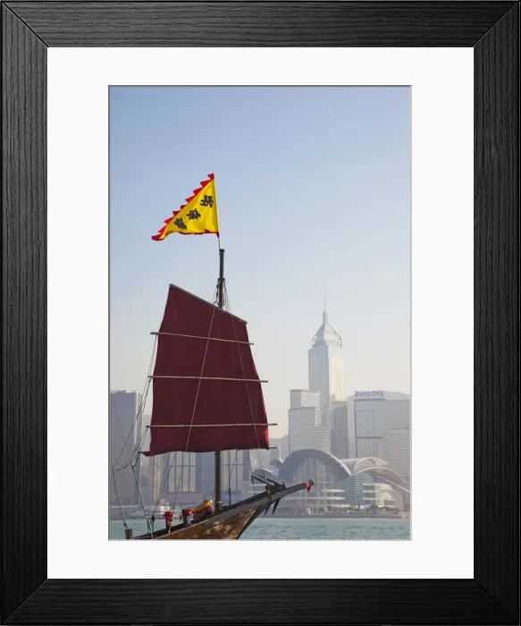 Framed Print : China, Hong Kong, Kowloon, Victoria Harbour, Junk Boat Sail and City Skyline in Background
