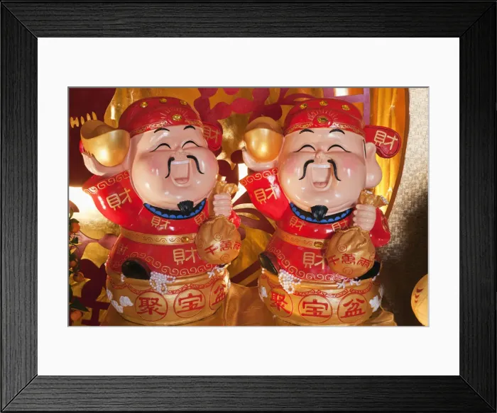 Framed Print : China, Hong Kong, Lucky God Statues Holding Sack of Gold