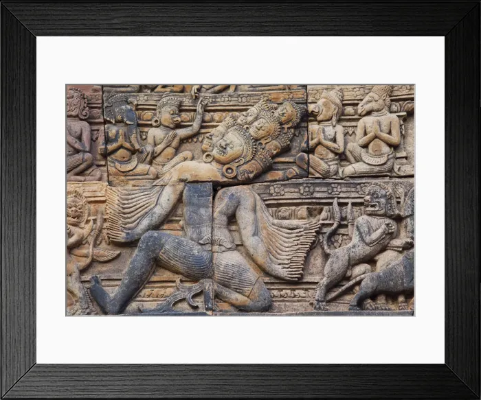 Framed Print : Cambodia, Siem Reap, Angkor, Banteay Srei Temple, Relief Carving Framed Print : Cambodia, Siem Reap, Angkor, Banteay Srei Temple, Relief Carving