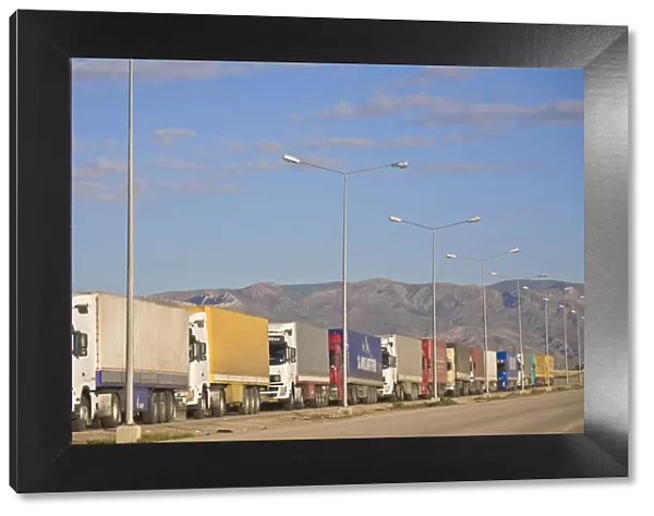 Turkey, Eastern Turkey, Dogubayazit, Trucks lined up at Turkey  /  Iran border