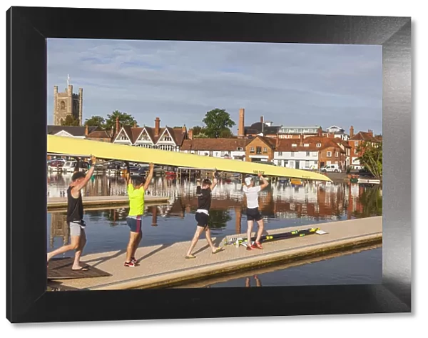 England, Oxfordshire, Henley-on-Thames, Town Skyline and Rowers on River Thames