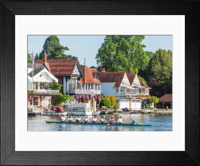 Framed Print : England, Oxfordshire, Henley-on-Thames, Boathouses and Rowers on River Thames