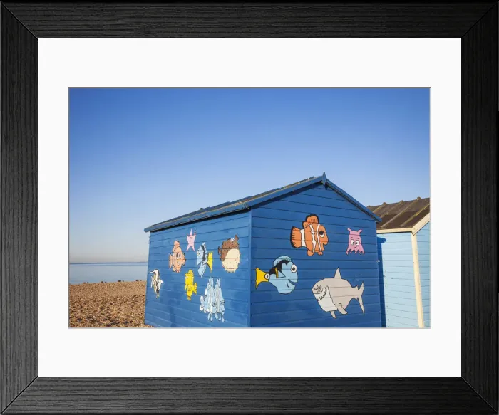 Framed Print : England, Hampshire, Hayling Island, Beach and Groin, Beach Huts