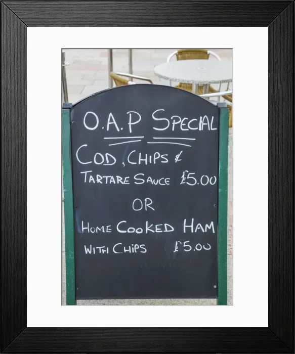 Framed Print : England, Somerset, Weston-Super-Mare, Restaurant Sign Board Advertising Special Price Framed Print : England, Somerset, Weston-Super-Mare, Restaurant Sign Board Advertising Special Price