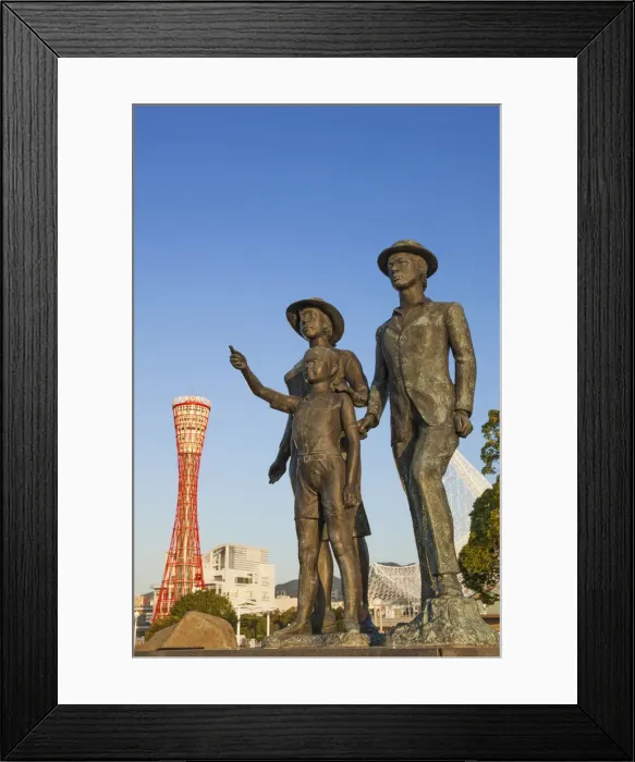 Framed Print : Japan, Honshu, Kansai, Kobe, Emmigrants Memorial Statue and Kobe Port Tower