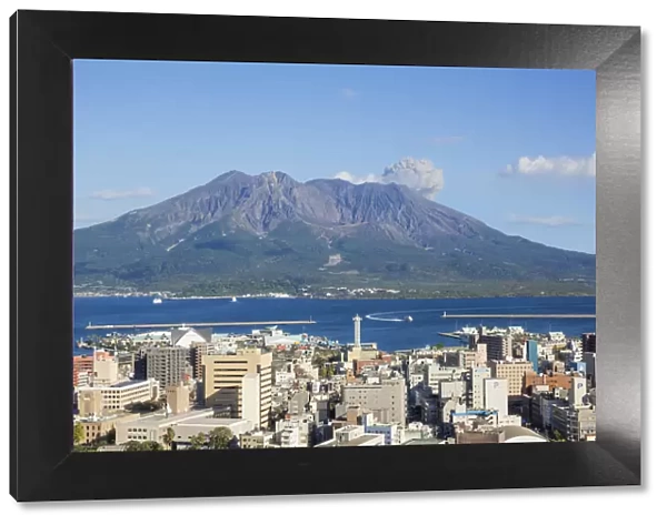 Japan, Kyushu, Kagoshima, Kagoshima City Skyline and Sakurajima Volcano