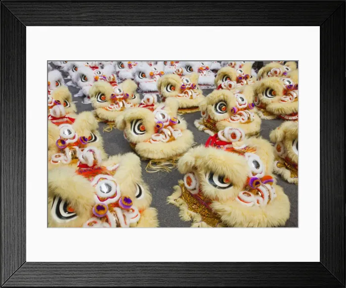 Framed Print : China, Hong Kong, Tai Kok Tsui Temple Fair, Lion Heads Framed Print : China, Hong Kong, Tai Kok Tsui Temple Fair, Lion Heads