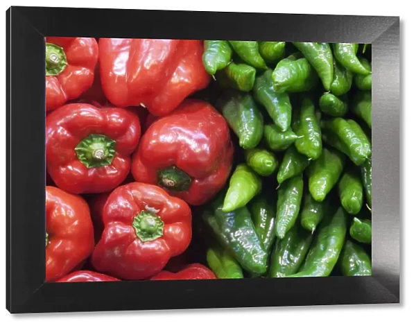 Spain, Barcelona, The Ramblas, La Boqueria Market, Vegetable Shop Display of Peppers