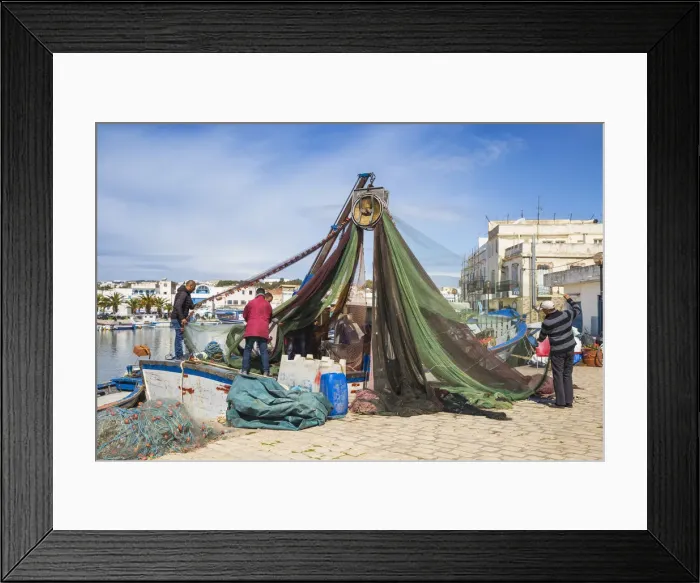 Framed Print : Tunisia, Bizerte, The Old Port, Fishermen examining nets Framed Print : Tunisia, Bizerte, The Old Port, Fishermen examining nets