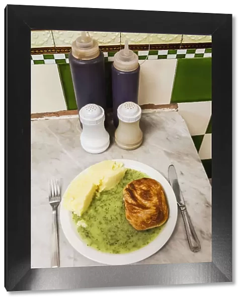 England, London, Southwark, Manze Pie and Mash Shop, Plate of Pie and Mash and Liquor