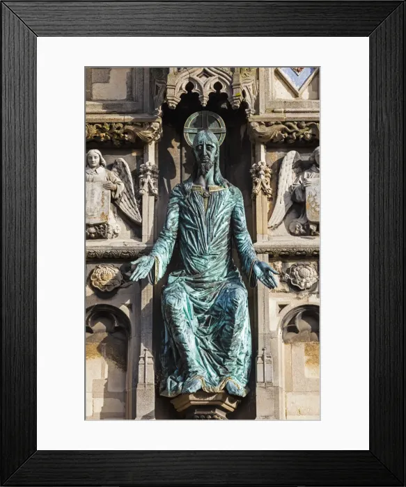 Framed Print : England, Kent, Canterbury, Canterbury Cathedral, Bronze Figure of Christ On Cathedral