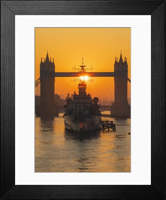 Framed Print : England, London, Tower Bridge and Museum Ship HMS Belfast at Sunrise