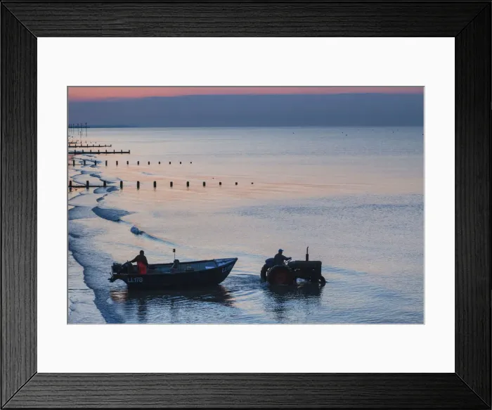 Framed Print : England, West Sussex, Bognor Regis, Fishermen Departing at Dawn