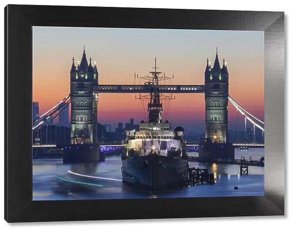 England, London, Tower Bridge and Museum Ship HMS Belfast at Dawn