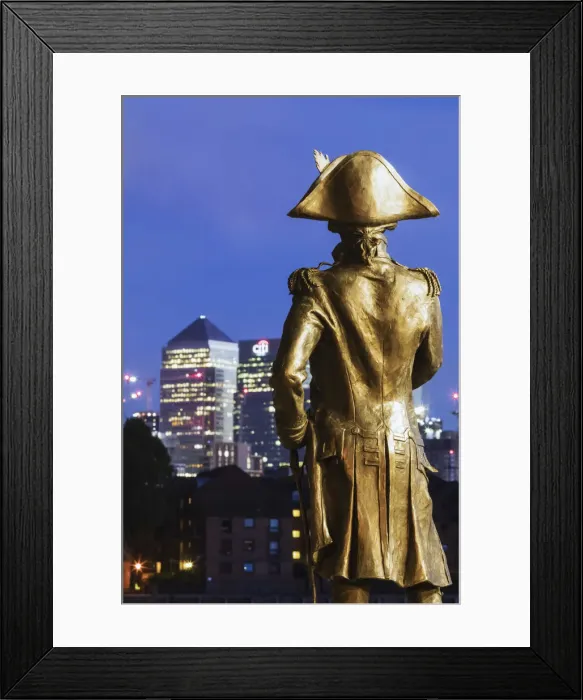 Framed Print : England, London, Greenwich, Statue of Admiral Lord Nelson and The Docklands Skyline Framed Print : England, London, Greenwich, Statue of Admiral Lord Nelson and The Docklands Skyline