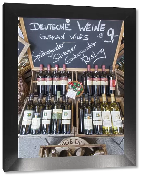 Germany, Bavaria, Munich, Victualienmarkt, Display of German Wines