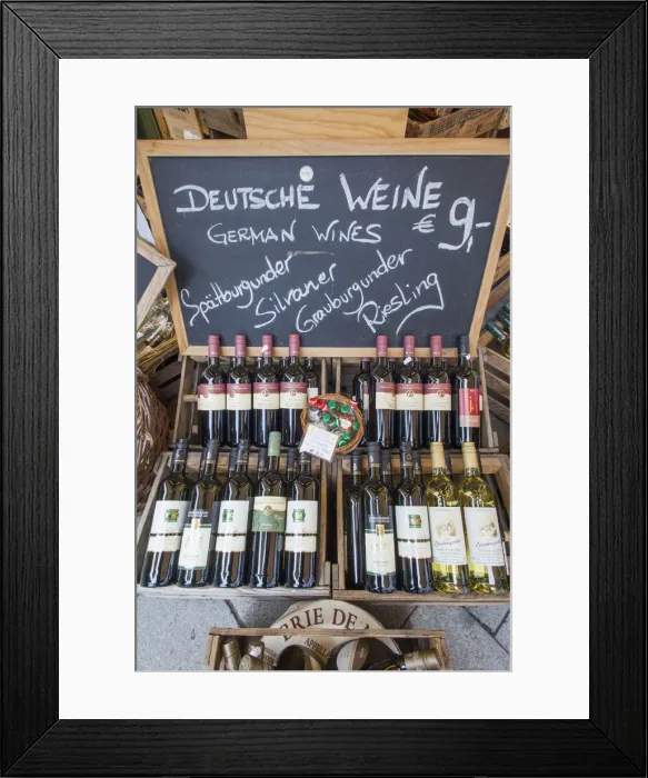 Framed Print : Germany, Bavaria, Munich, Victualienmarkt, Display of German Wines Framed Print : Germany, Bavaria, Munich, Victualienmarkt, Display of German Wines