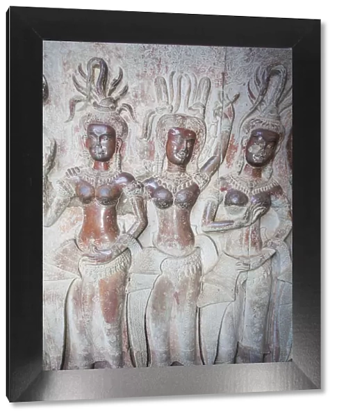 Cambodia, Siem Reap, Angkor Wat, Relief depicting Apsara Dancers