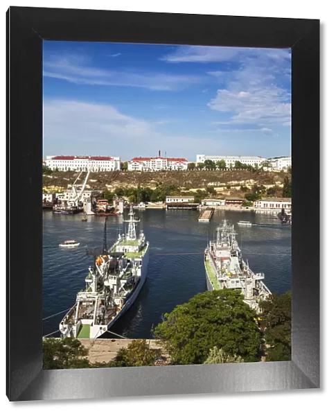 Ukraine, Crimea, Sevastopol, View of Russian and Ukrainian Navy vessels in Sevastopol Bay