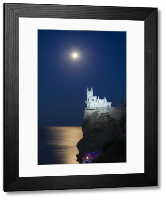 Framed Print : Ukraine, Crimea, Yalta, Gaspra, Full moon over shines over The Swallows Nest