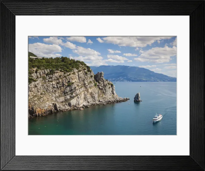 Framed Print : Ukraine, Crimea, Yalta, Ferry passing The Sail rock, on its approach Framed Print : Ukraine, Crimea, Yalta, Ferry passing The Sail rock, on its approach