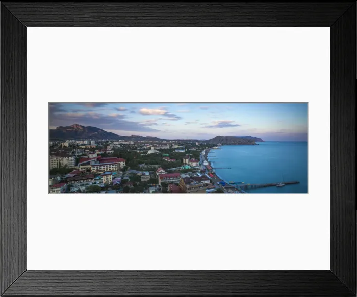 Framed Print : Ukraine, Crimea, Sudak View of city and Black Sea coast Framed Print : Ukraine, Crimea, Sudak View of city and Black Sea coast