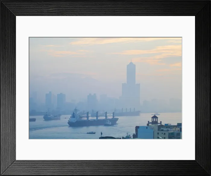 Framed Print : Taiwan, Kaohsiung, View of Cijin and harbour looking towards the city and Kaoshiung