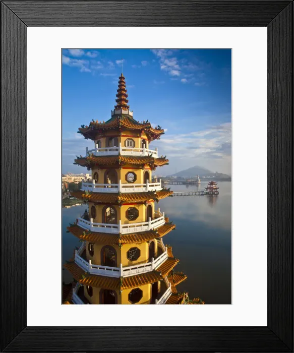 Framed Print : Taiwan, Kaohsiung, Lotus pond, Dragon and Tiger Tower Temple with view of bridge leading Framed Print : Taiwan, Kaohsiung, Lotus pond, Dragon and Tiger Tower Temple with view of bridge leading