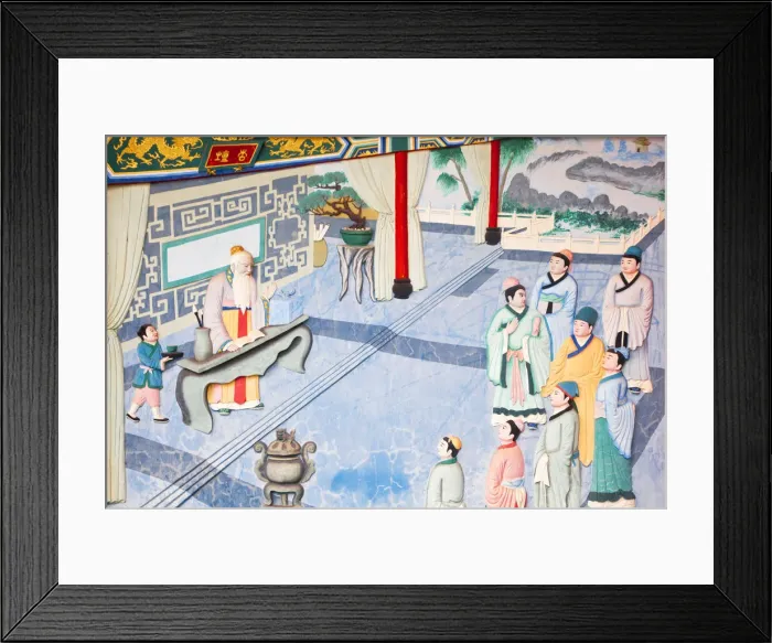 Framed Print : Taiwan, Kaohsiung, Lotus pond, Wall painting on Temple opposite Giant 72 meter high Framed Print : Taiwan, Kaohsiung, Lotus pond, Wall painting on Temple opposite Giant 72 meter high