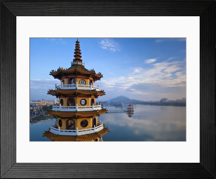 Framed Print : Taiwan, Kaohsiung, Lotus pond, Dragon and Tiger Tower Temple with view of bridge leading Framed Print : Taiwan, Kaohsiung, Lotus pond, Dragon and Tiger Tower Temple with view of bridge leading