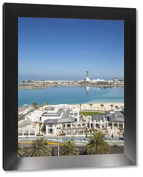 United Arab Emirates, Abu Dhabi, View of Hilton Hotel beach club towards Marina Mall
