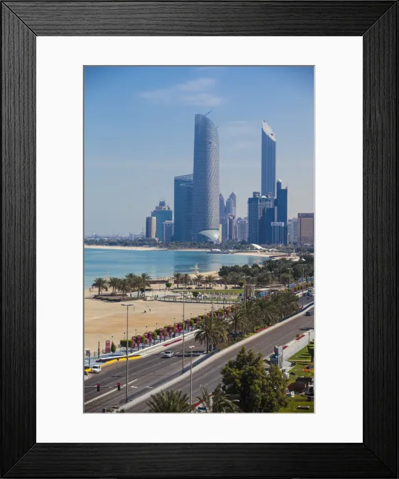Framed Print : United Arab Emirates, Abu Dhabi, View of Corniche and city center skyline Framed Print : United Arab Emirates, Abu Dhabi, View of Corniche and city center skyline