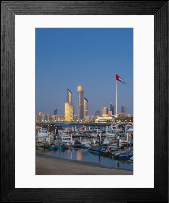 Framed Print : United Arab Emirates, Abu Dhabi, View of Marina and City skyline looking towards Abu Framed Print : United Arab Emirates, Abu Dhabi, View of Marina and City skyline looking towards Abu