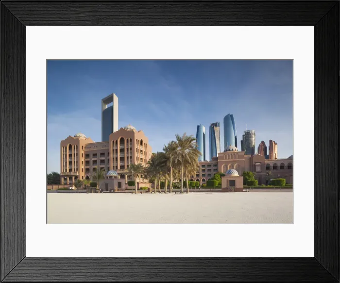 Framed Print : UAE, Abu Dhabi, skyline, ADNOC Tower, Emirates Palace Hotel, and Etihad Towers Framed Print : UAE, Abu Dhabi, skyline, ADNOC Tower, Emirates Palace Hotel, and Etihad Towers