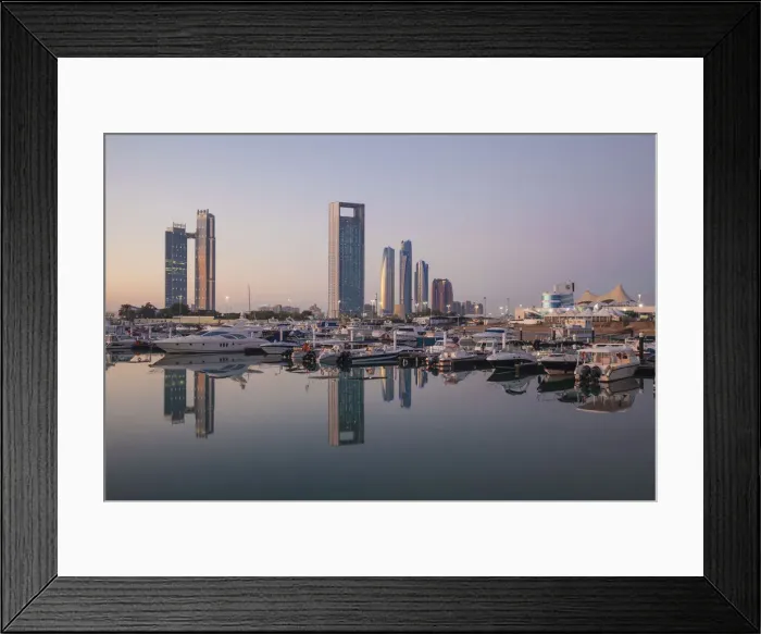 Framed Print : United Arab Emirates, Abu Dhabi, View of Marina and City skyline looking towards St Framed Print : United Arab Emirates, Abu Dhabi, View of Marina and City skyline looking towards St