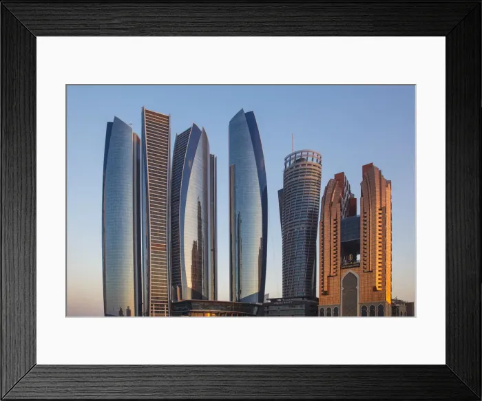 Framed Print : United Arab Emirates, Abu Dhabi, View of Etihad Towers, Grand Hyatt, and Bab Al Aasr Framed Print : United Arab Emirates, Abu Dhabi, View of Etihad Towers, Grand Hyatt, and Bab Al Aasr