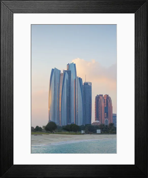 Framed Print : United Arab Emirates, Abu Dhabi, View of Etihad Towers, Grand Hyatt, and Bab Al Aasr Framed Print : United Arab Emirates, Abu Dhabi, View of Etihad Towers, Grand Hyatt, and Bab Al Aasr