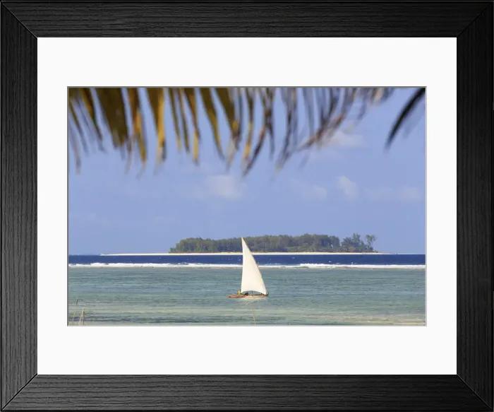 Framed Print : Tanzania. Zanzibar, Kigomani, Dhow (traditional sailboat), Mnemba Island visible in Framed Print : Tanzania. Zanzibar, Kigomani, Dhow (traditional sailboat), Mnemba Island visible in