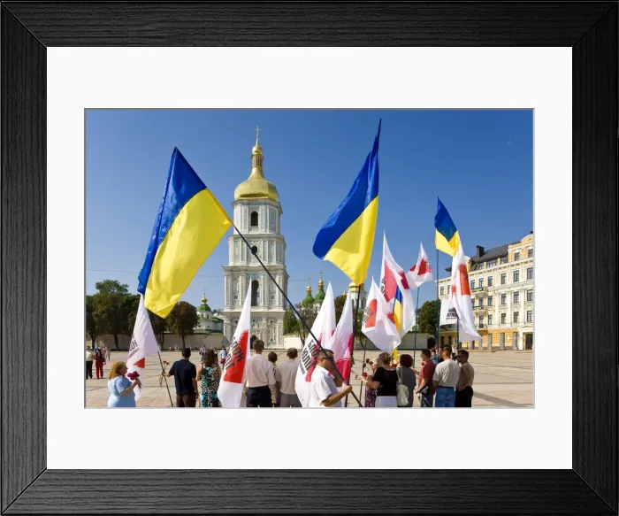 Framed Print : Independence day, Ukrainian national flags in the square outside St. Sophia Cathedral Framed Print : Independence day, Ukrainian national flags in the square outside St. Sophia Cathedral